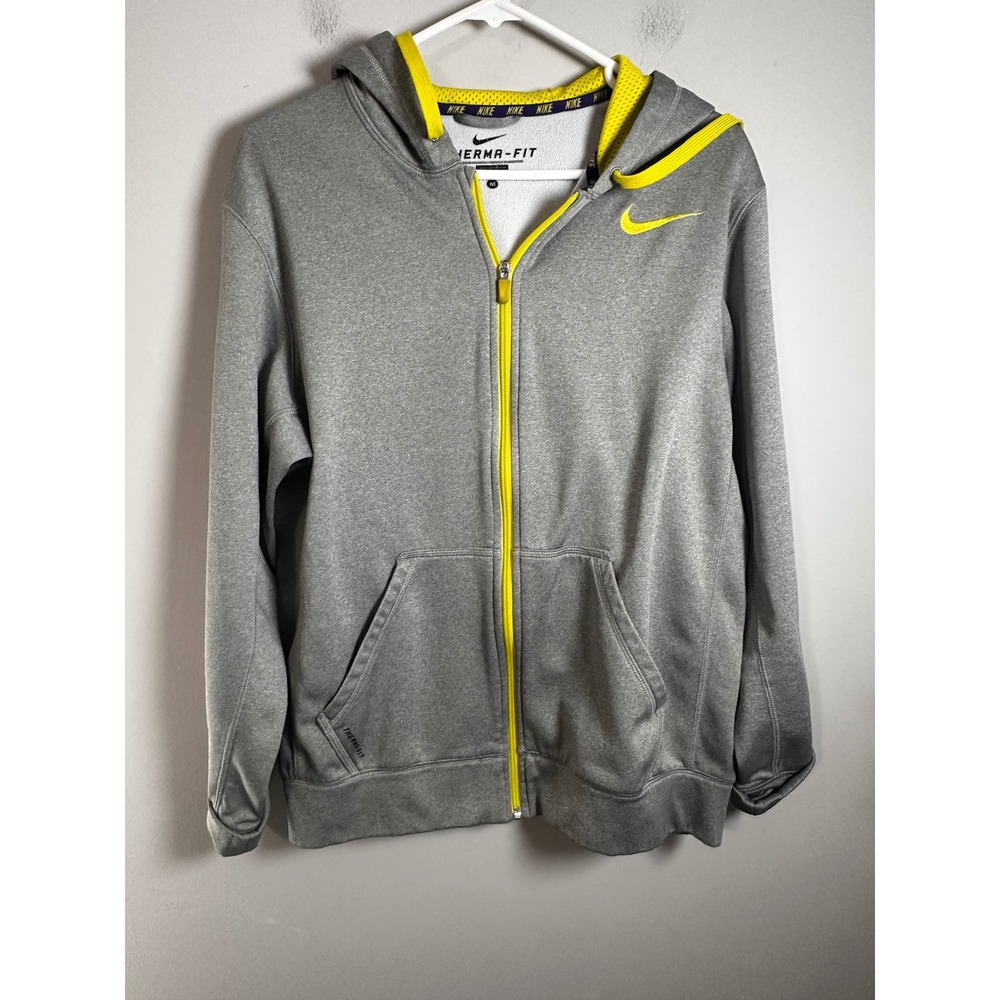 Nike Therma-Fit‎ Mens Gray Yellow Full Zip Hoodie Sweatshirt M 465786-065